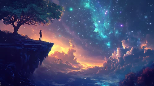 Human figure on cliff edge under expansive star-filled sky.