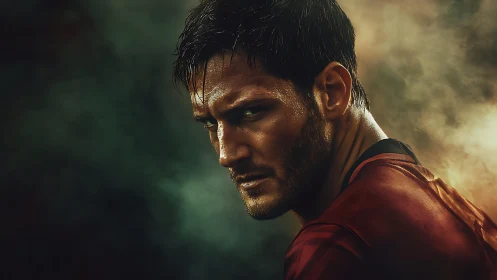 Intense male athlete portrait in dramatic smoky light.