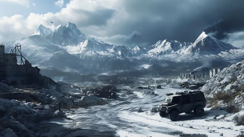 Armored rover prowls a frozen valley of ruined industry