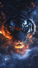 Fiery cosmic tiger emerges from swirling embers and night