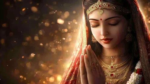 Woman in ornate red attire prays with eyes closed