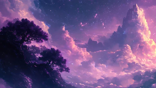 Nebula dawn ignites lavender skies above dreaming cliffs.