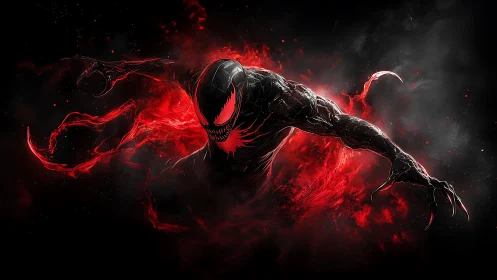 Sinister black symbiote lunges through blazing red void.