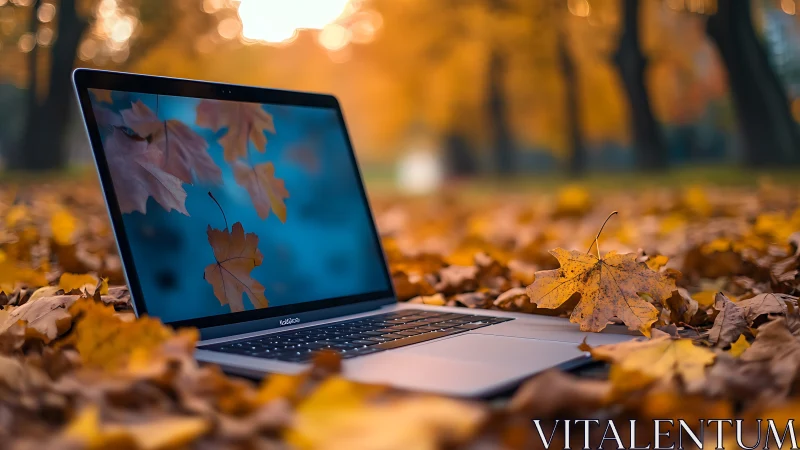 Laptop on autumn leaf carpet with shallow depth rendering.