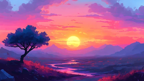 Sunset river stitches neon light across a dreaming valley