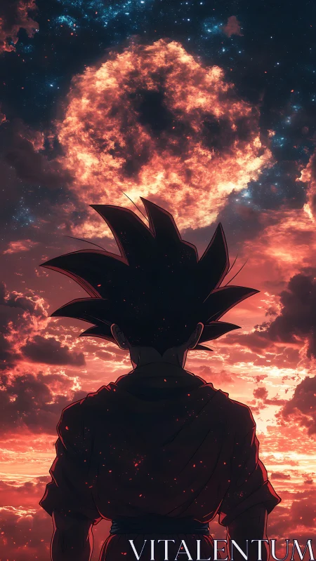Saiyan warrior gazes toward a blazing cosmic storm sky.