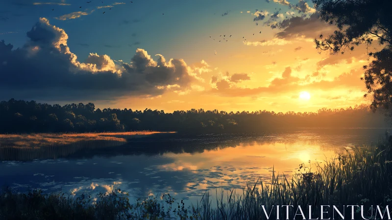 Golden evening sun settles softly over a peaceful lakeside