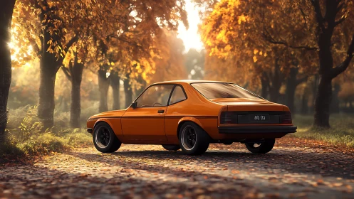 Orange classic coupe parked on tree-lined autumn road.