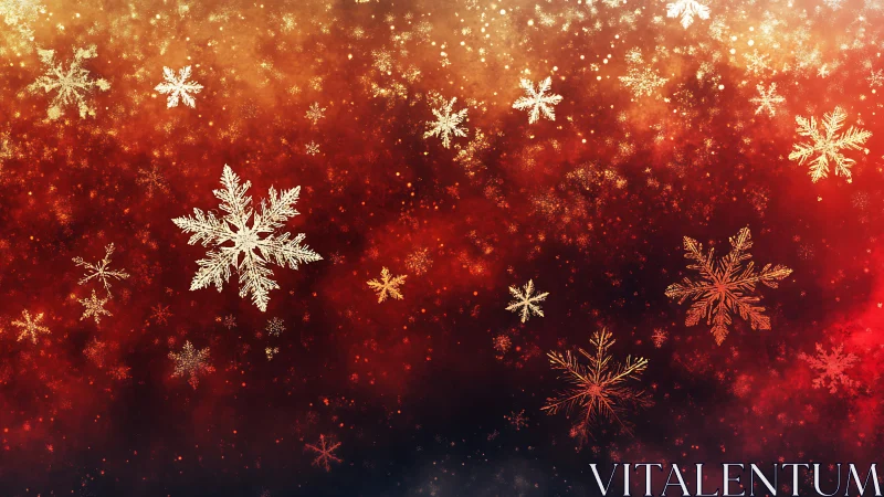 Luminous snowflakes drifting across warm red bokeh sky.