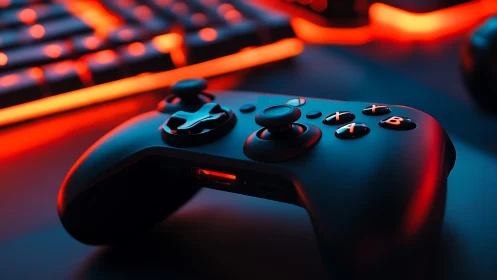 Gaming Controller With Keyboard in Neon Lighting Setup.
