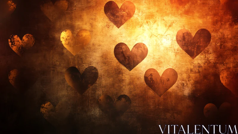 Golden Hearts Floating Against Burning Texture.
