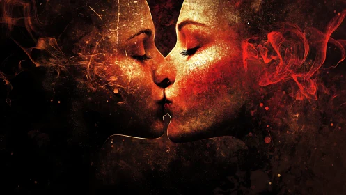 Passionate Fiery Kiss Between Two Faces in Abstract Flames