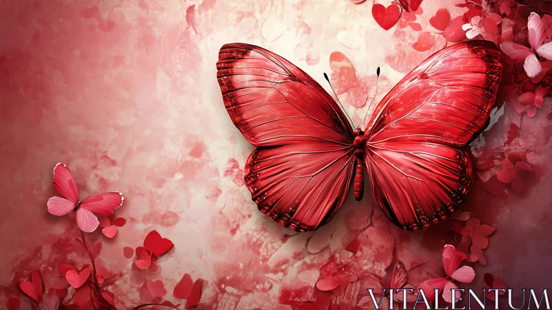 Crimson butterfly spreads wings over textured rose backdrop.