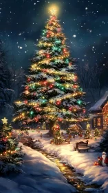 Illuminated winter fir with multicolor luminance and snowfall.