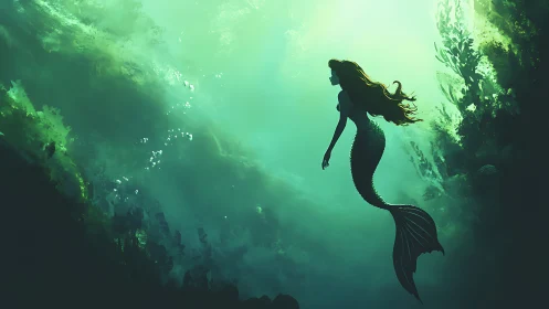 Silhouetted mermaid in teal subsurface caustics and kelp haze.