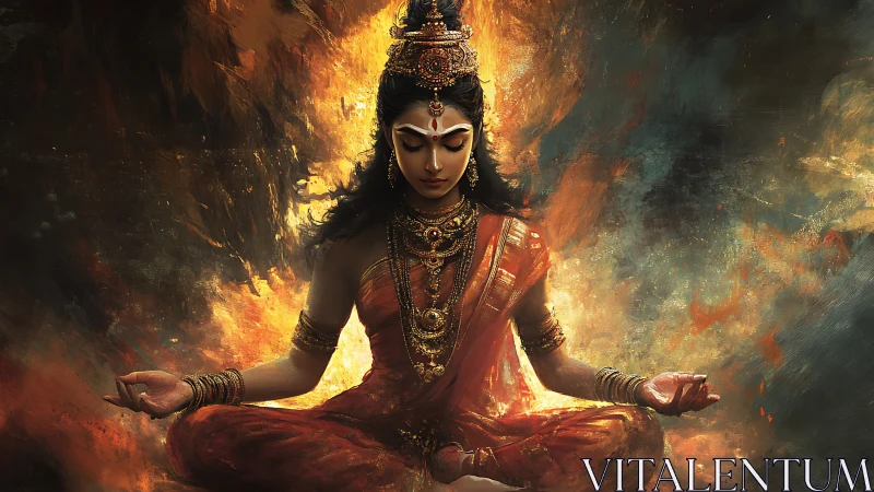 Fire crowned meditator seated in molten twilight calm.