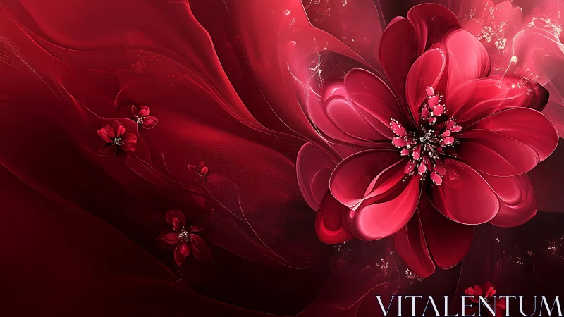 Radial crimson flower rendered with layered translucent petals