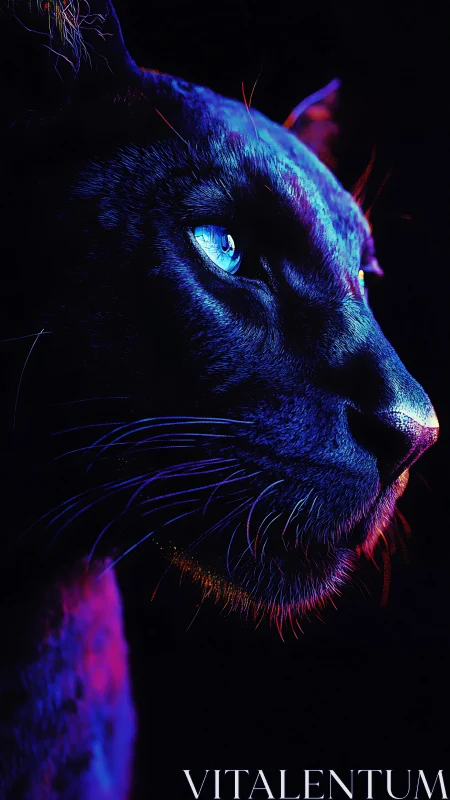 Neon Cat with Piercing Blue Eyes in Darkness.