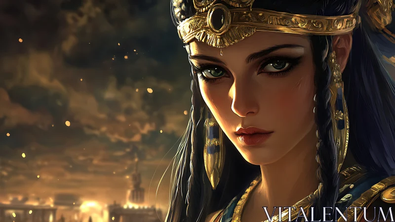 Golden-eyed desert queen in a dusky ancient skyline.