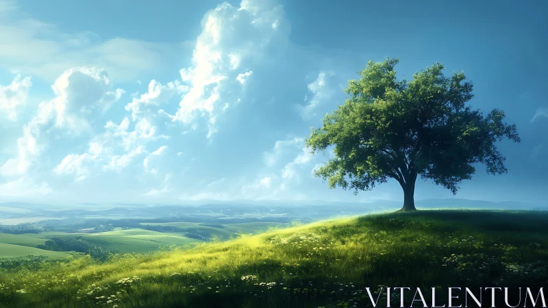 Lone green tree on sunlit hill under dramatic sky.