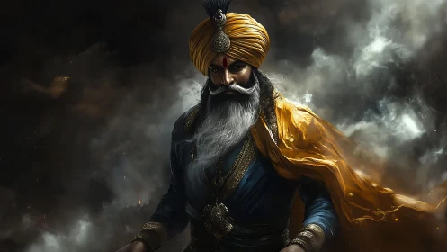 Regal warrior in golden turban stands amid swirling storm