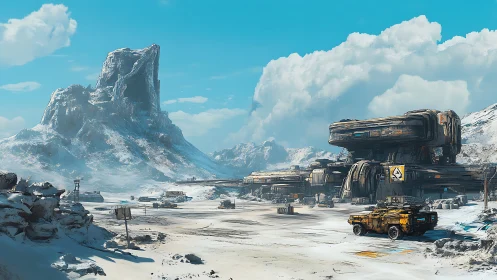 Snow-covered industrial outpost below large rocky peak.