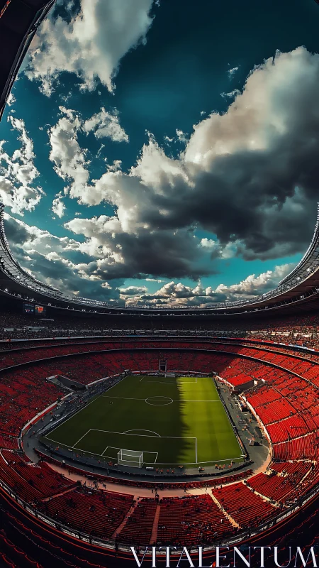 High-angle view shows large football stadium under cloudy sky