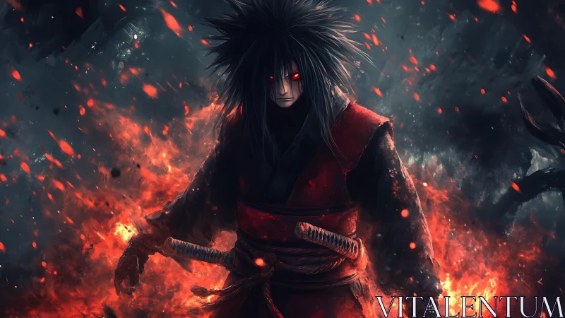 Fiery red-eyed swordsman amid swirling embers and shadow