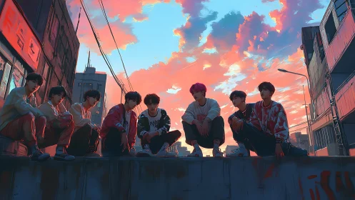 Sunset city rooftop gathers friends in glowing colors