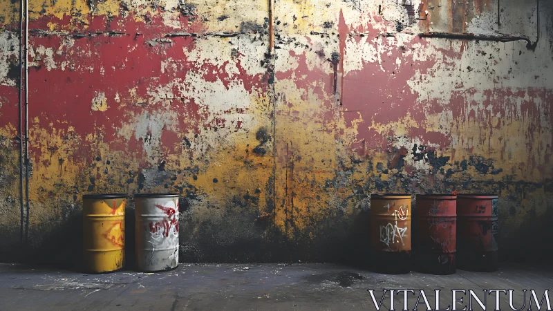 Industrial wall with peeling paint and colored oil drums.
