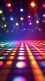 Chromatic disco grid receding in depth with radiant bokeh orbs