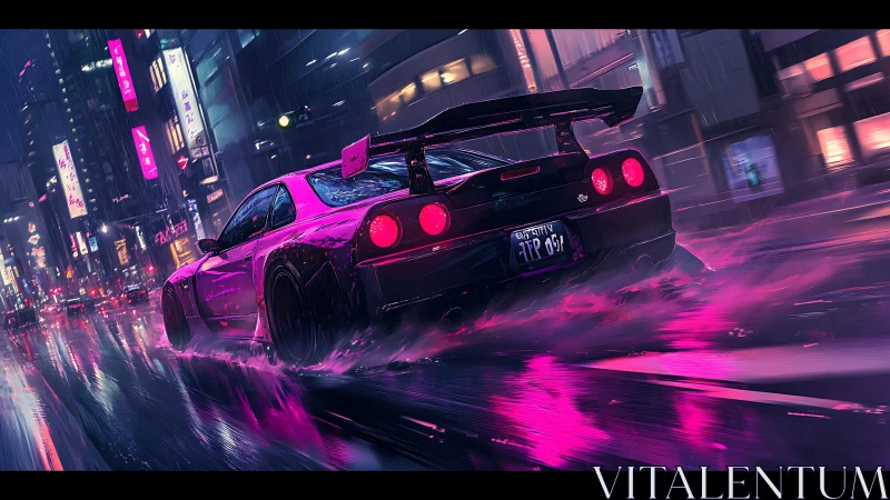 Modified sports car on wet neon city street at night.