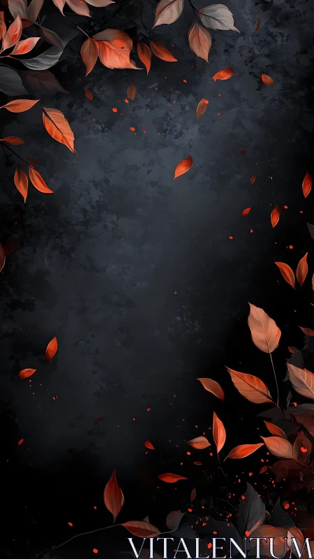 Ember-bright leaves drift like sparks across midnight stone