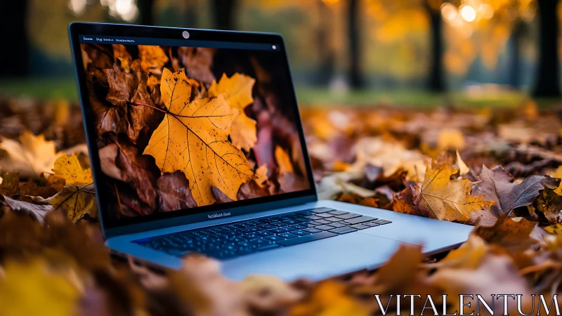 Laptop dreaming in golden leaves, autumn’s quiet workstation.