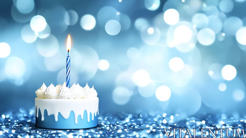 Blue Birthday Cake with Striped Candle Against Bokeh Lights.