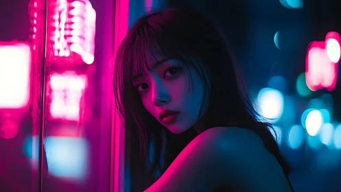 Young woman in neon city light with reflective window.