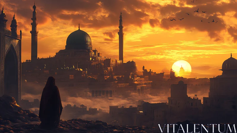 Golden sunset washes a quiet domed city in gentle light