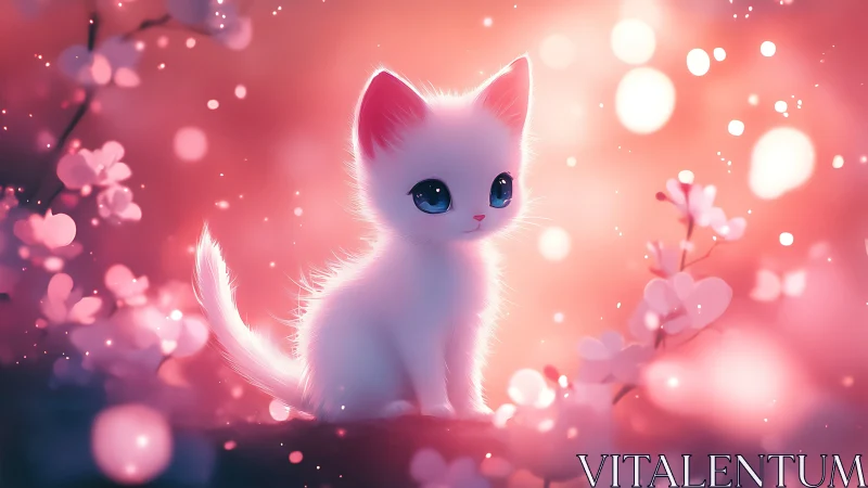 White kitten with blue eyes sits in pink floral bokeh environment