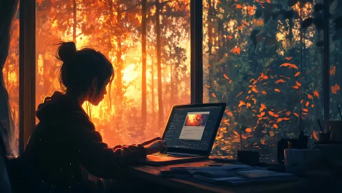 Sunlit forest workspace with focused laptop user at dusk.
