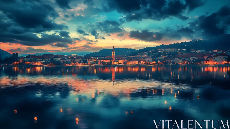 Lakeside town skyline under dramatic sunset clouds reflection.