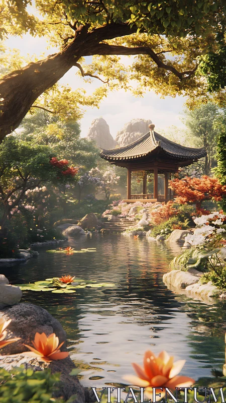 Traditional pavilion beside reflective pond in lush garden.