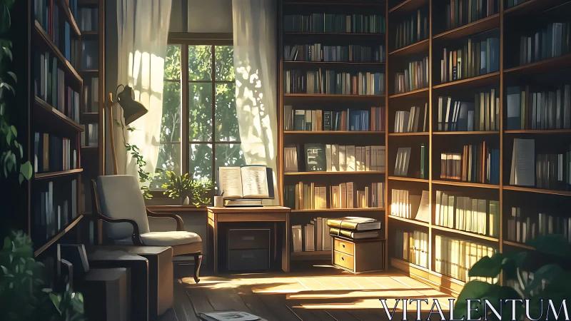 Sunlit private library with reading desk and tall shelves.
