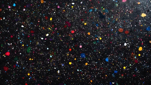 Abstract cosmic splatter painting with vibrant colors on dark canvas.