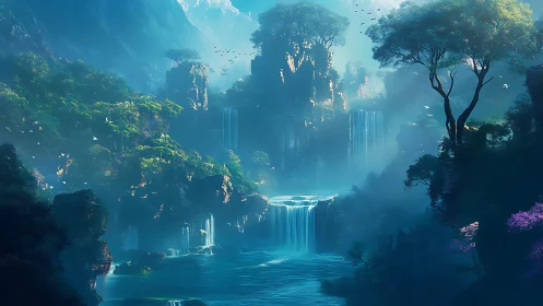Mystical tiered waterfalls cascade through a dreamlike valley.