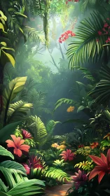 Sunlit jungle pathway wrapped in lush, colorful blooms.