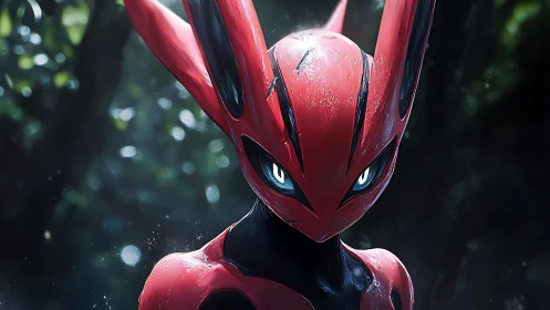 Red biomechanical creature with glowing eyes in forest.