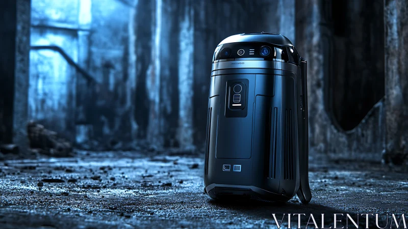 Autonomous surveillance droid stands in cold industrial ruins