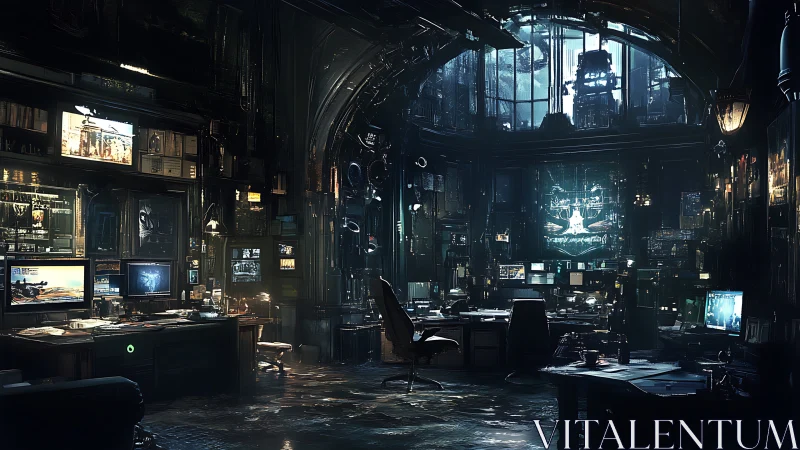 Dimly lit cybernetic control room with multiple workstations.