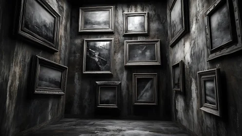 Monochrome corridor with framed landscape paintings displayed.