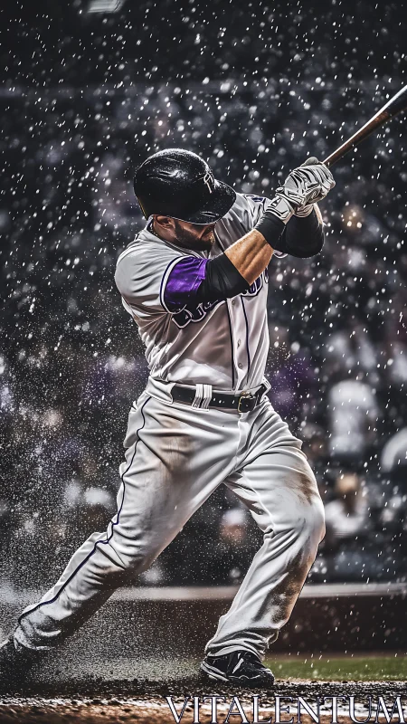 Rain-soaked batter swinging with grit under stadium lights.